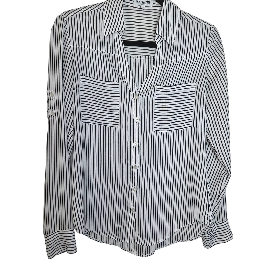 Express Portofino Slim Fit Button Up Shirt Striped Collared Roll Tab Sleeve Work